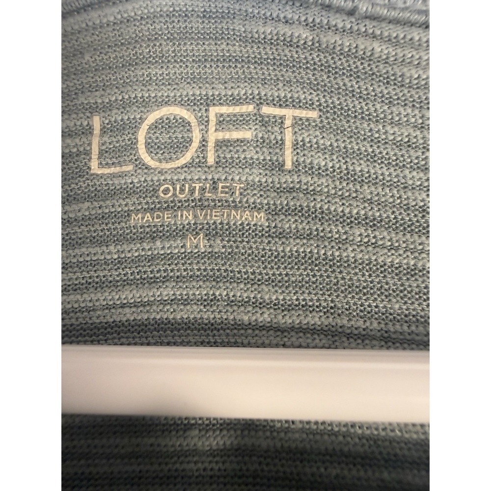 LOFT Outlet Top Womens Medium Green Stripe Henley Puff Sleeve Casual Knit Tee - Picture 2 of 6